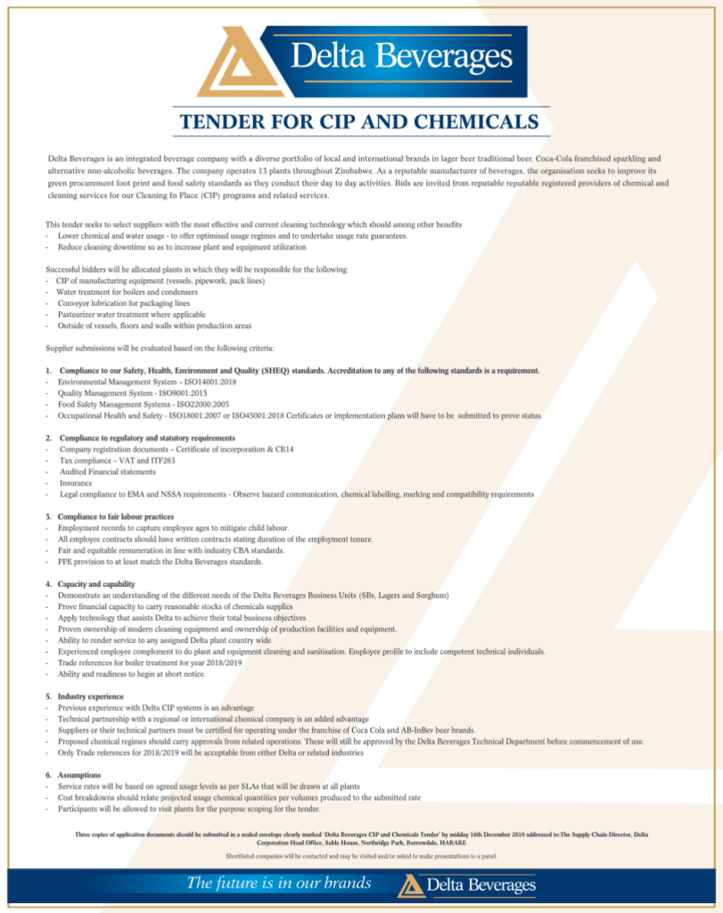 Tender for CIP and Chemicals