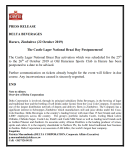 CASTLE BRAAI POSTPONEMENT C2019 PRESS RELEASE STATEMENT_4 CASTLE BRAAI POSTPONEMENT C2019 PRESS RELEASE STATEMENT