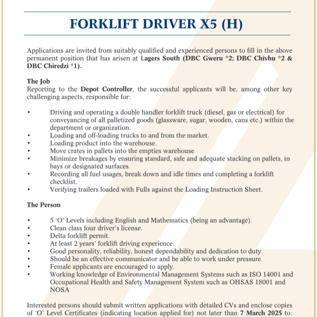 5 Forklifter Drivers Vacancy 5 Forklifter Drivers Vacancy